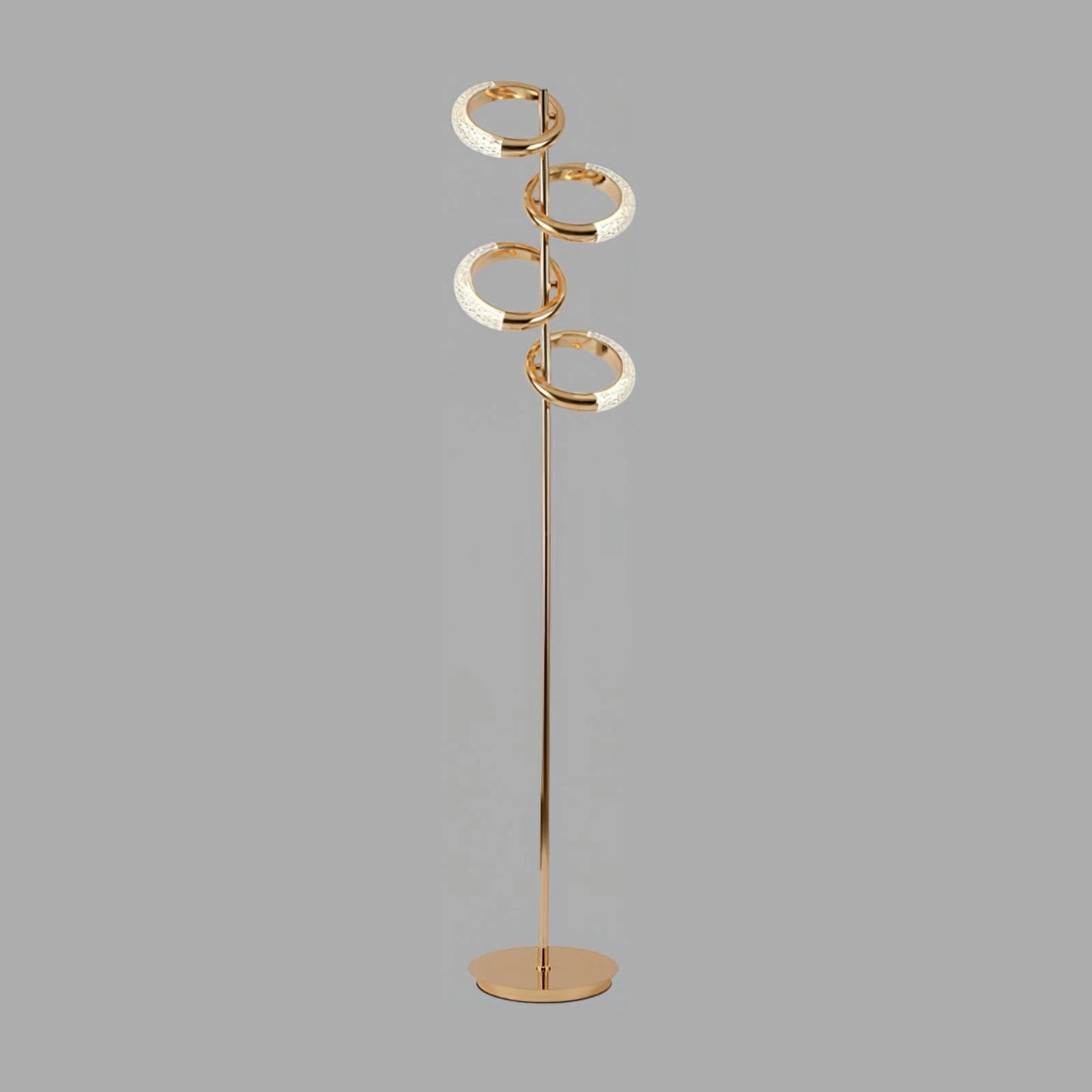 Gold diamond-patterned adjustable angles floor lamp, 13.8 inches diameter, 64.2 inches height, positioned next to a plant with artistic elements in the background.