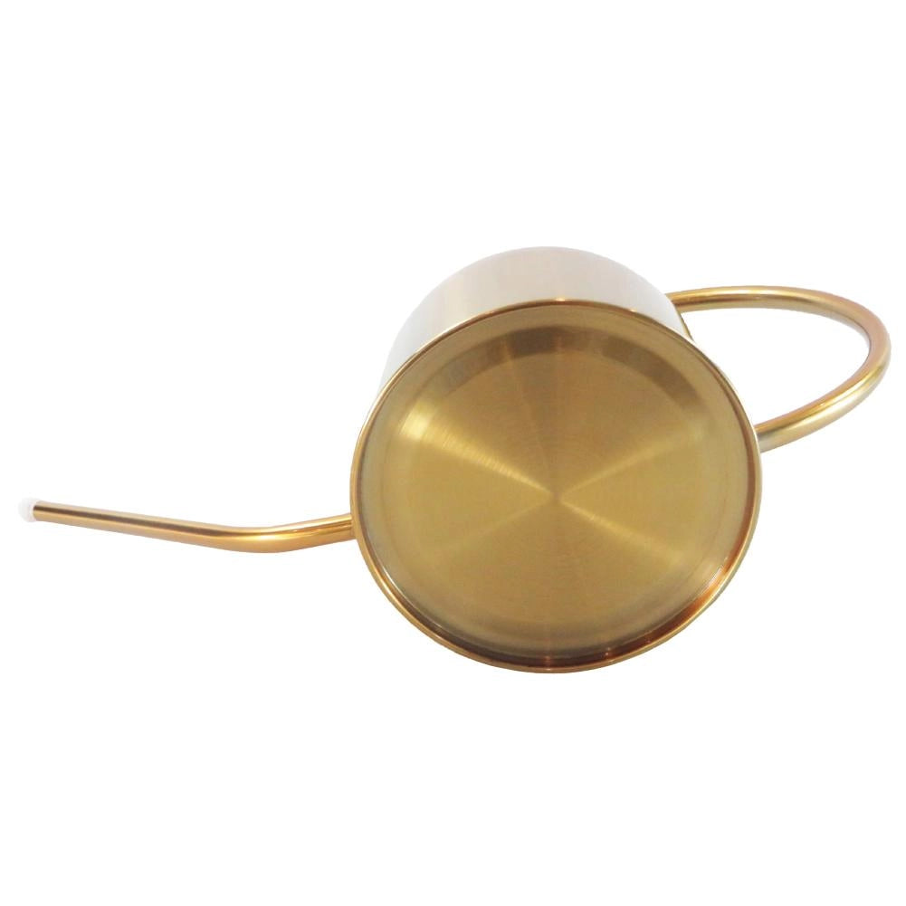 Gold stainless steel watering can with a sleek, modern design, featuring a long spout and handle.