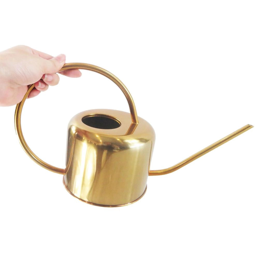 Gold Stainless Steel Watering Can for Plant Care placed on a wooden surface.