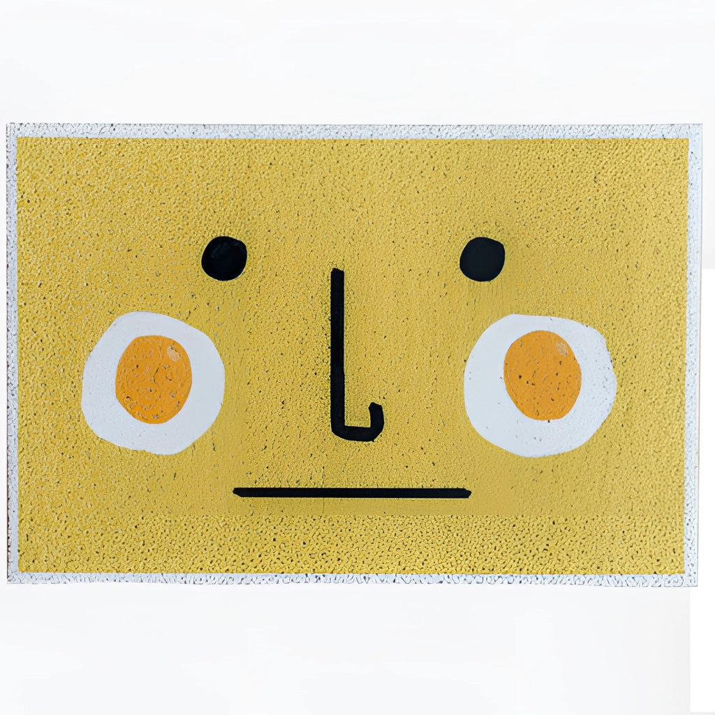 Large rectangular Indoor/Outdoor Tropical Aloha PVC Rug Mat with "Hello Sun" text in electric blue and decorative symbols, featuring a vibrant, artful design.