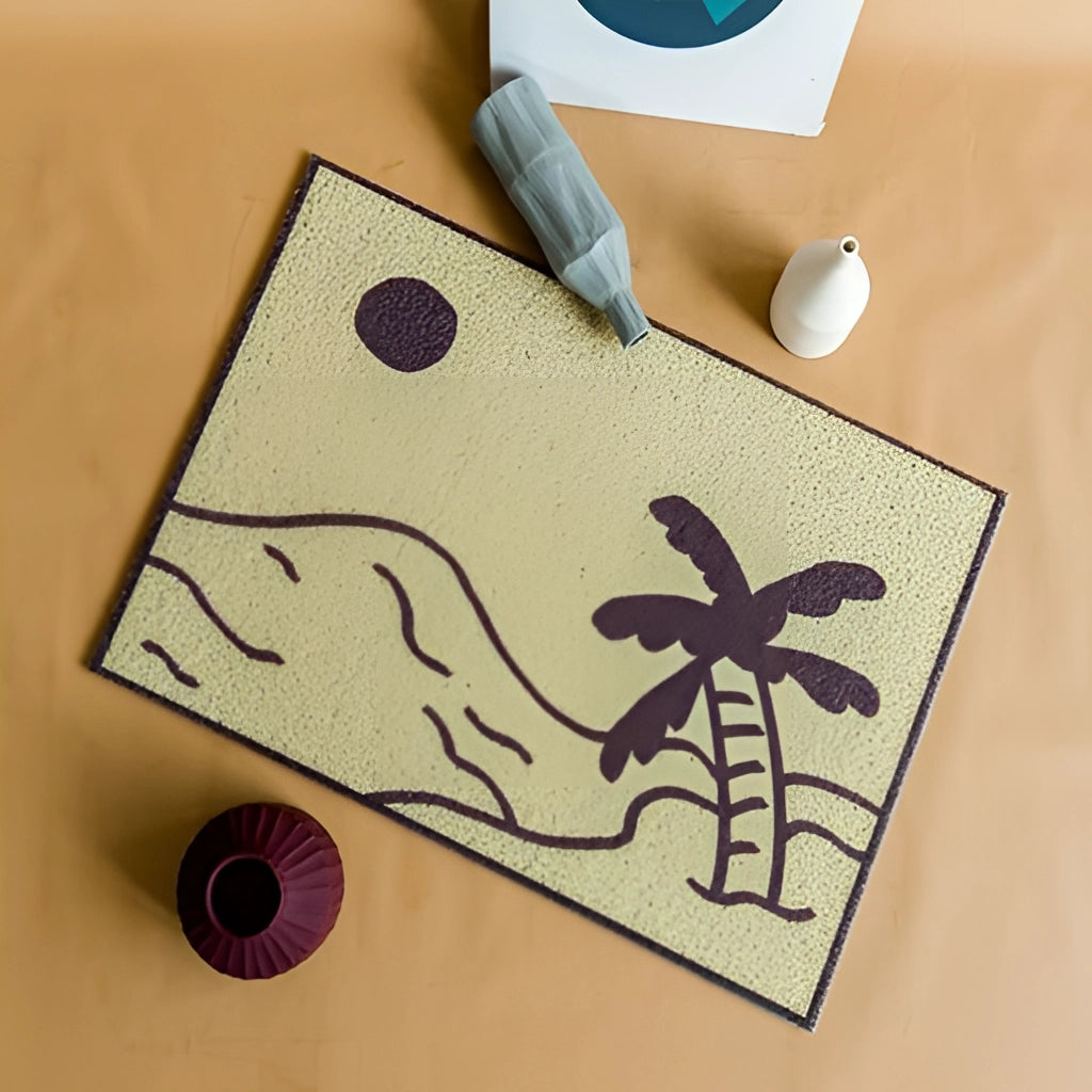 Indoor/Outdoor Tropical Aloha PVC Rug Mat with a rectangular shape featuring a colorful tropical pattern, placed on a wooden floor.