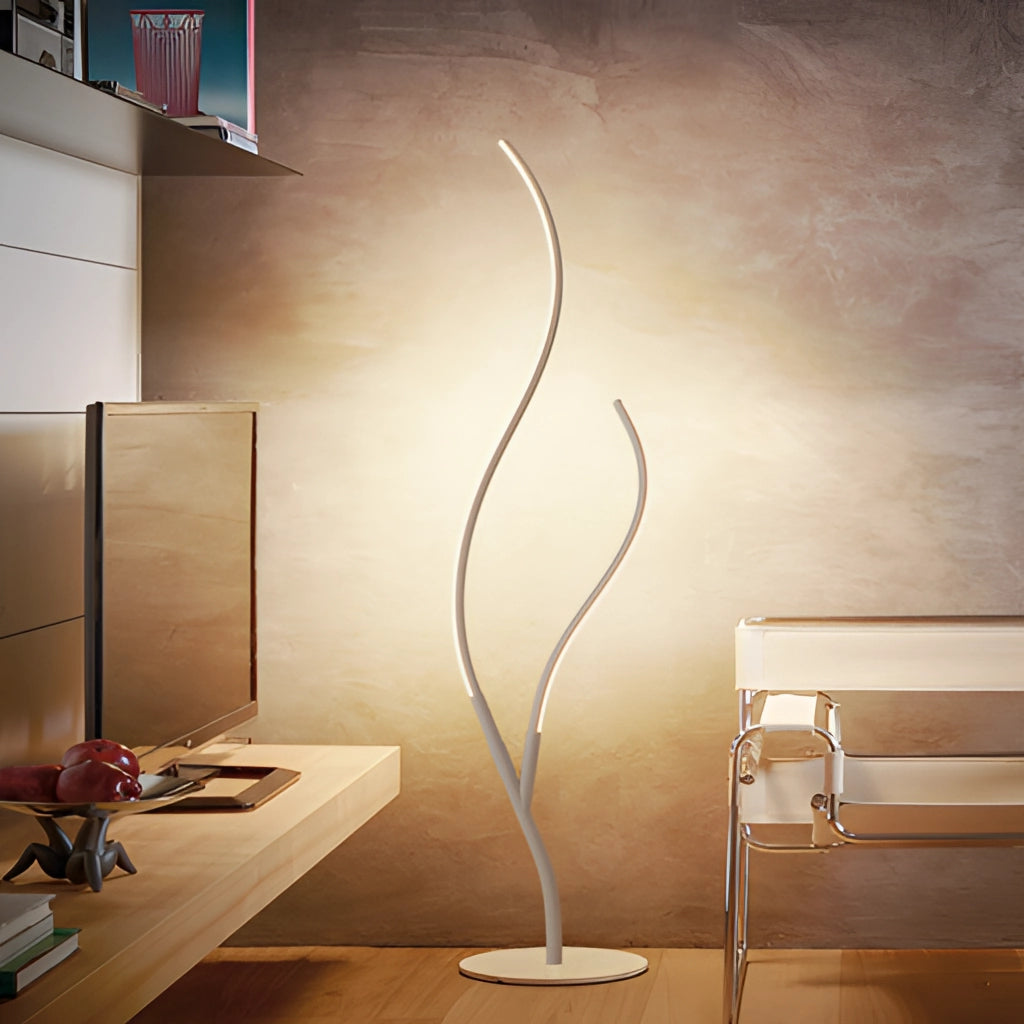 Modern interior lamp with remote control and adjustable temperature settings, featuring a wooden base, placed in a stylishly designed room with art on the walls and sleek flooring.