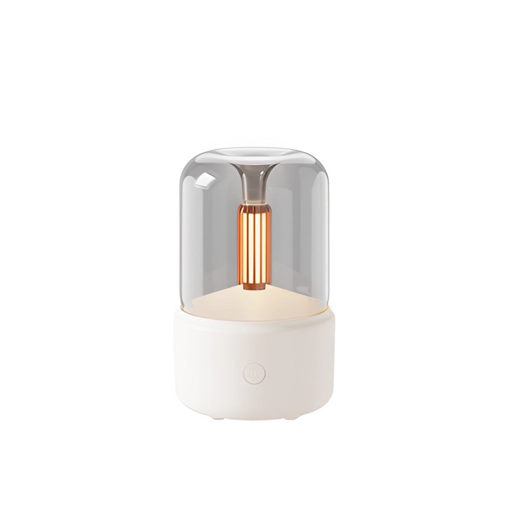 Beige rectangular LED aromatherapy diffuser with candle light effect, USB-powered, emits a gentle glow.