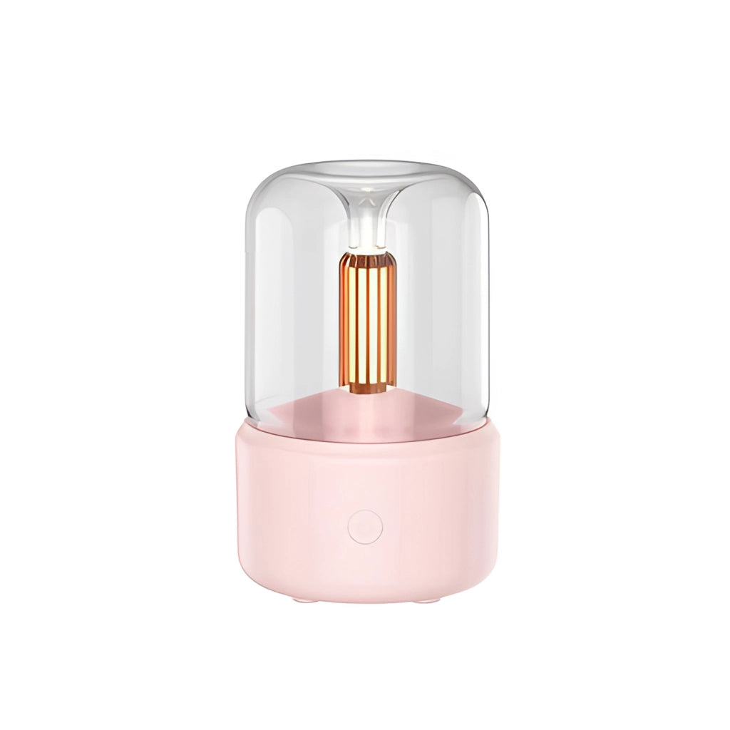 LED Aromatherapy Diffuser with Candle Light Effect, Rosa variant, USB-powered, cylindrical shape with a soft pink finish.