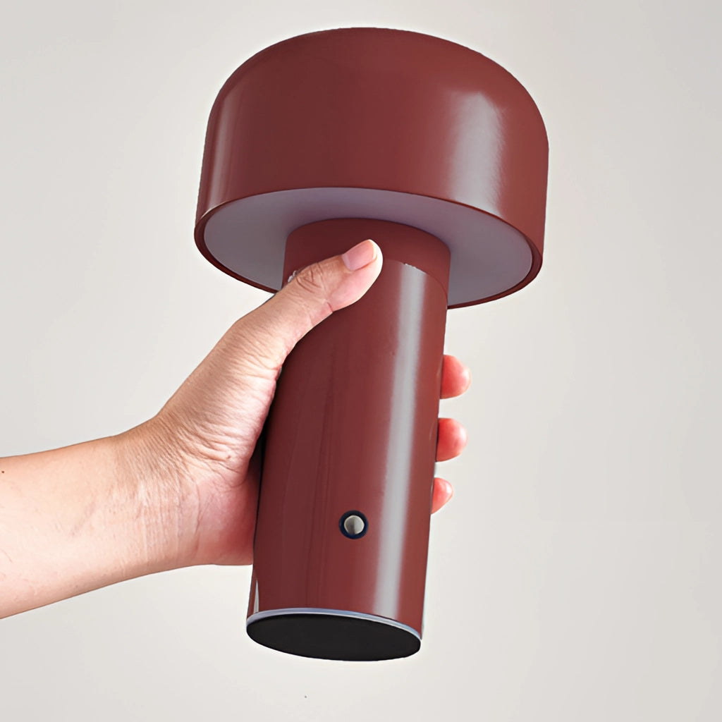 LED Cordless Table Lamp with Unique Mushroom Design in Wine Color, featuring a sleek wooden base and magenta accents.