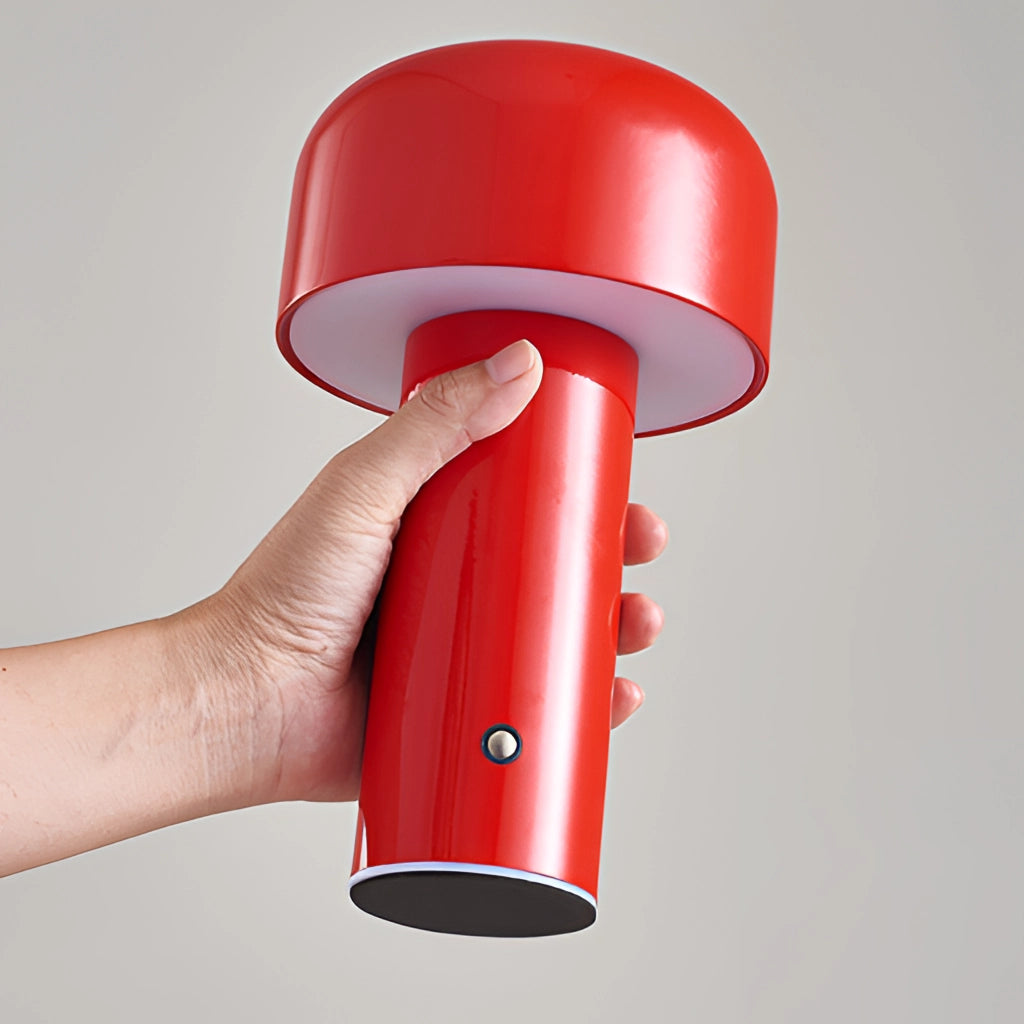 LED cordless table lamp with unique mushroom design in red color.