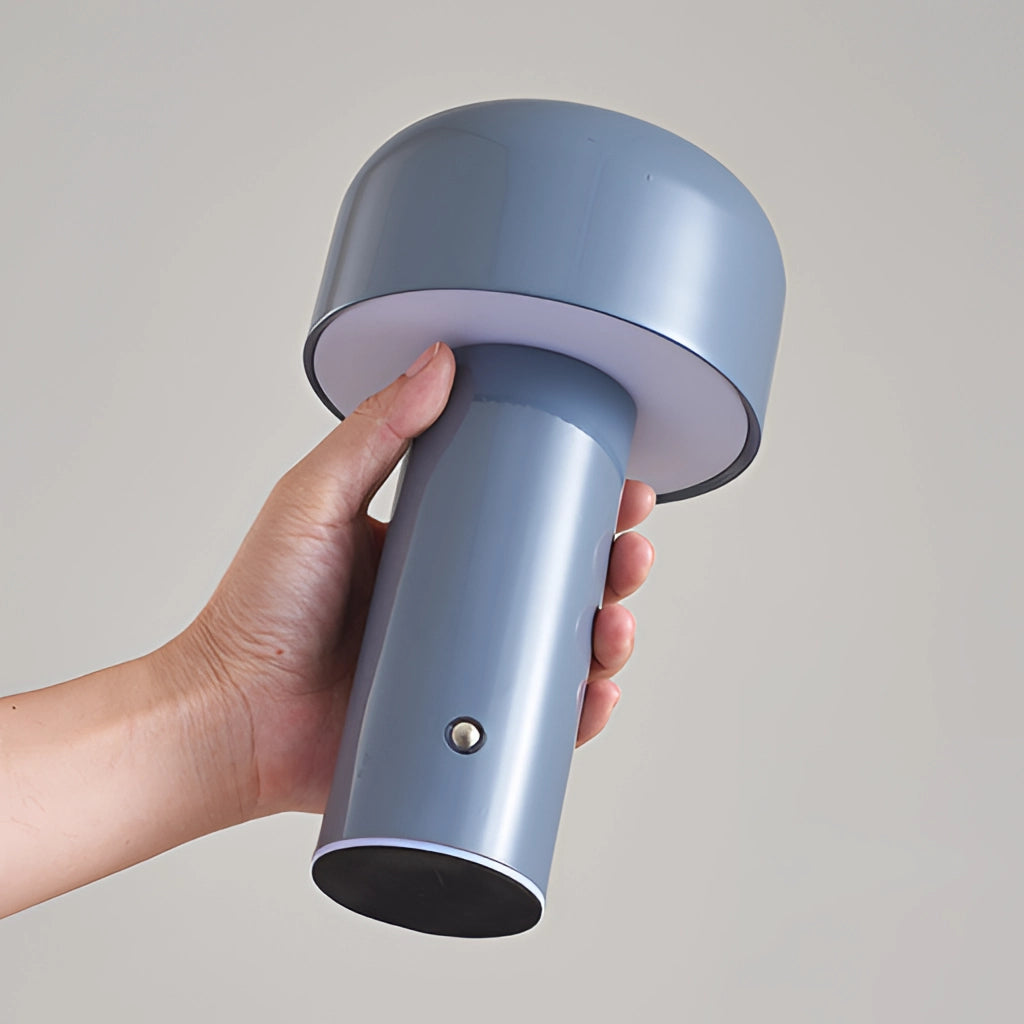 LED Cordless Table Lamp with Unique Mushroom Design in Grey, featuring a sleek and modern look with plastic and metal components.