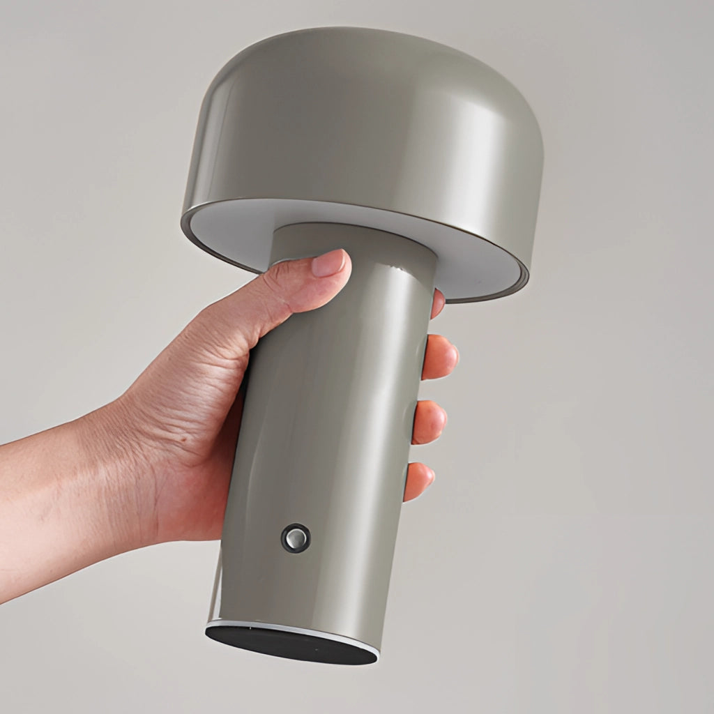 LED Cordless Table Lamp with Unique Mushroom Design in Khaki, featuring a sleek metal body.