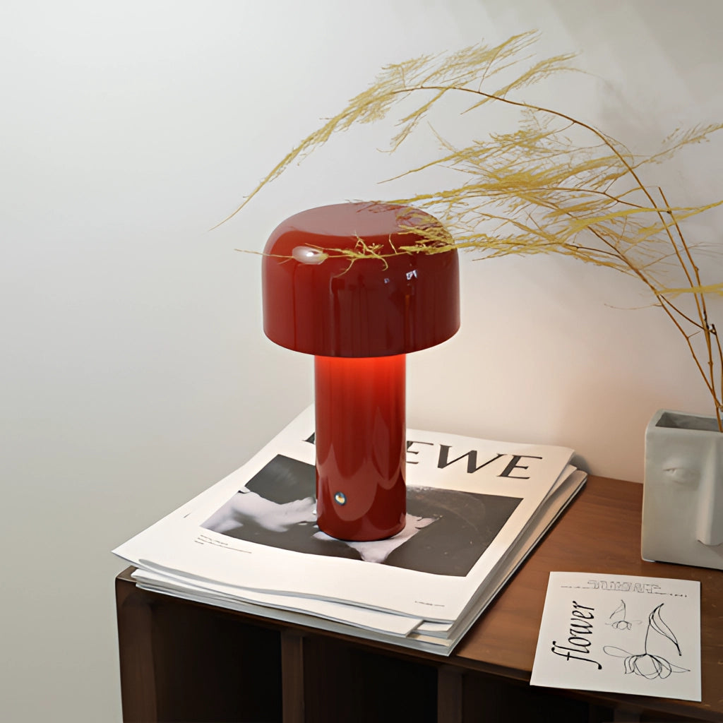 LED cordless table lamp with unique mushroom design on a table, featuring a sleek and modern aesthetic.
