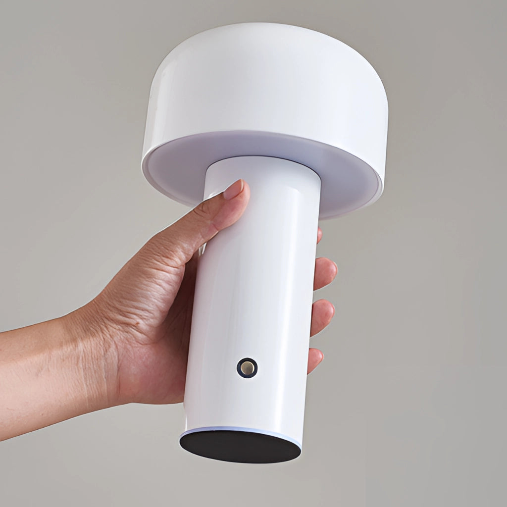 LED cordless table lamp with unique mushroom design in white.
