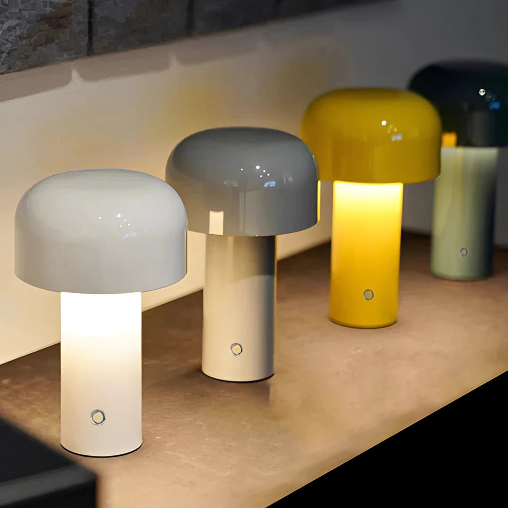 LED cordless table lamp with unique mushroom design featuring a sleek composite material and plastic construction.