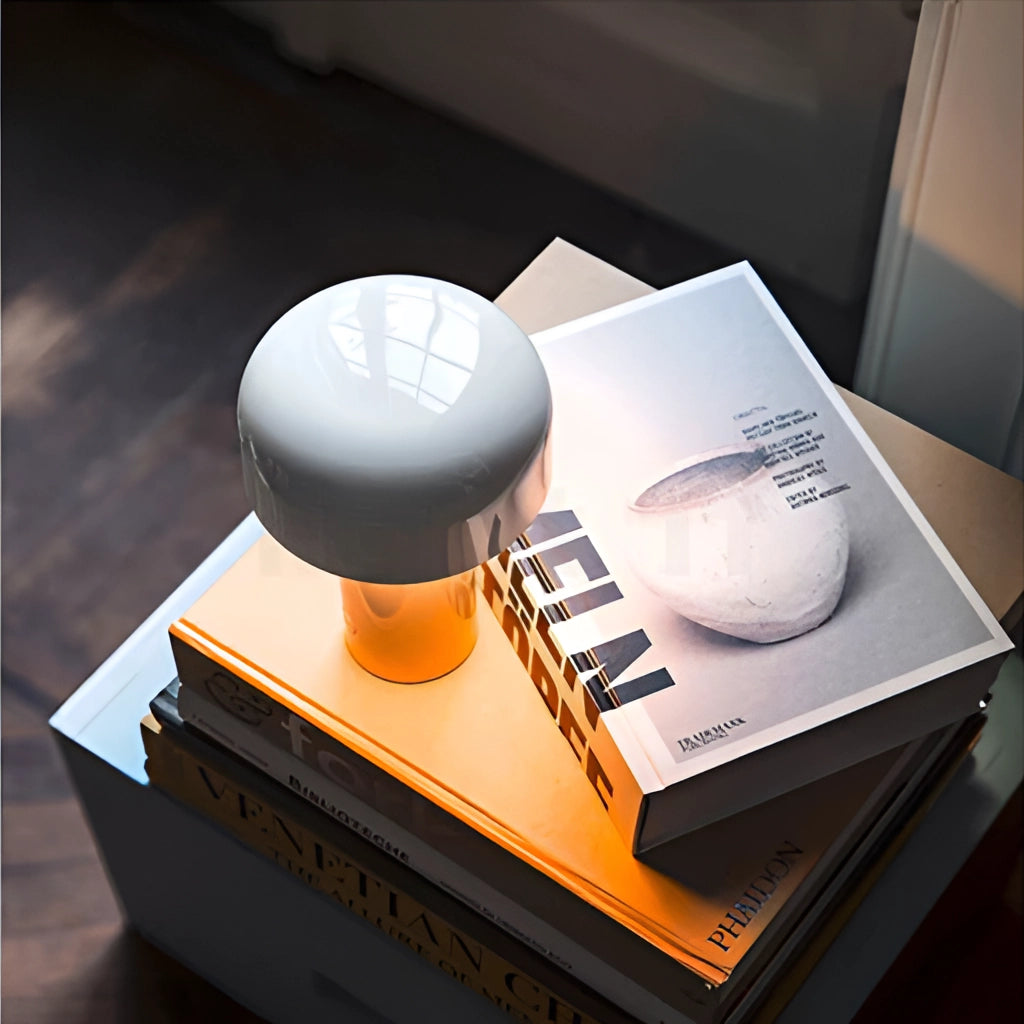 LED Cordless Table Lamp with Unique Mushroom Design on a wooden table in an office setting.