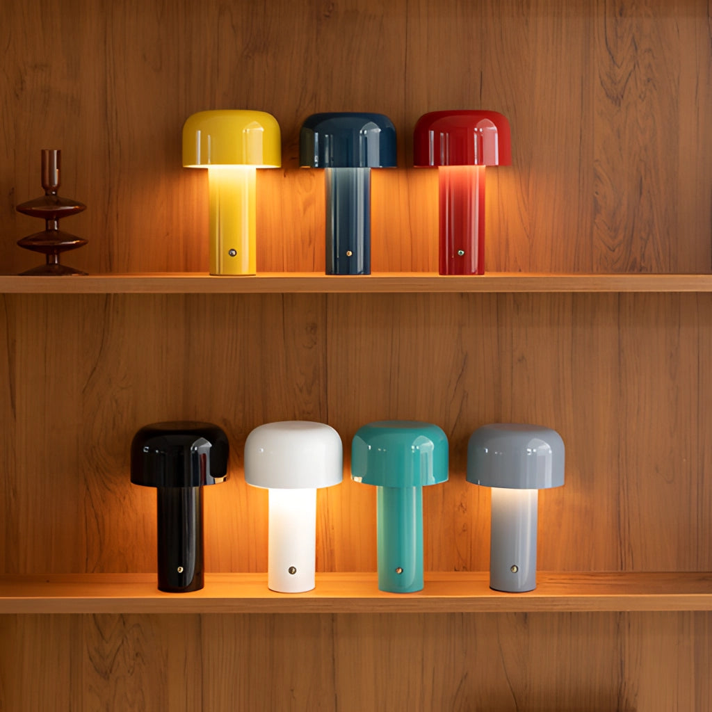 LED Cordless Table Lamp with Unique Mushroom Design placed on a wooden shelf against a wall.