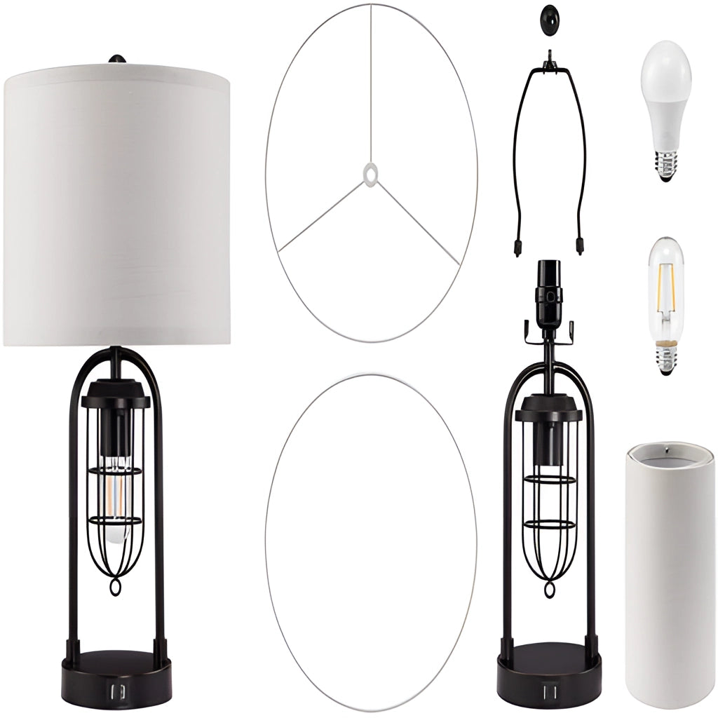 LED desk lamp with dual bulb modeling and USB ports on a sleek, modern design.