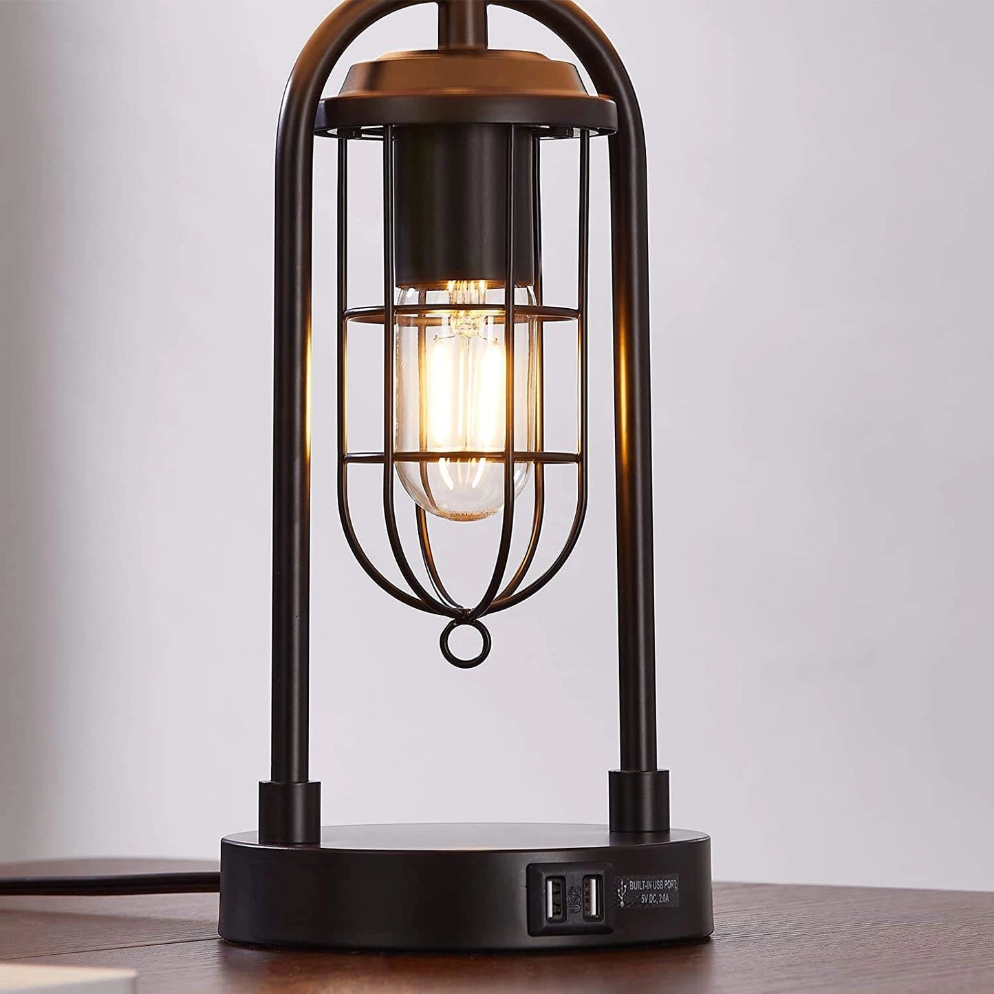 LED desk lamp with dual bulb design and USB ports, featuring a sleek rectangular base with wood accents and clear glass panels.