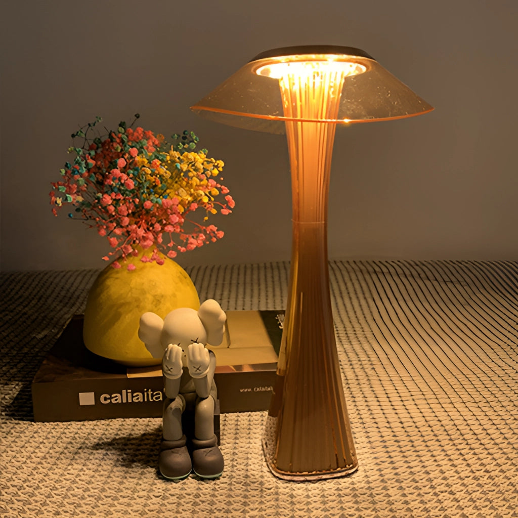 LED Diamond Desk Light - Crystal Lamp on a wooden desk with a plant and tree branches in the background, illuminating the interior space with a soft glow.