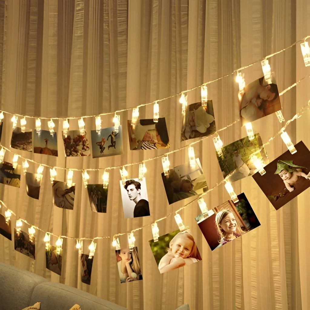 Warm white LED fairy light clip string lights, 20 feet long with 40 LEDs, hanging as decoration in a room.