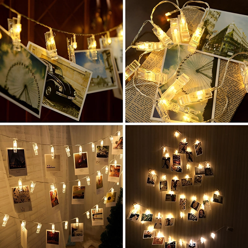 LED Fairy Light Clip String Lights in warm white and multi-color, showcasing a glowing arrangement with gold and amber hues, perfect for interior design and decorative fashion.
