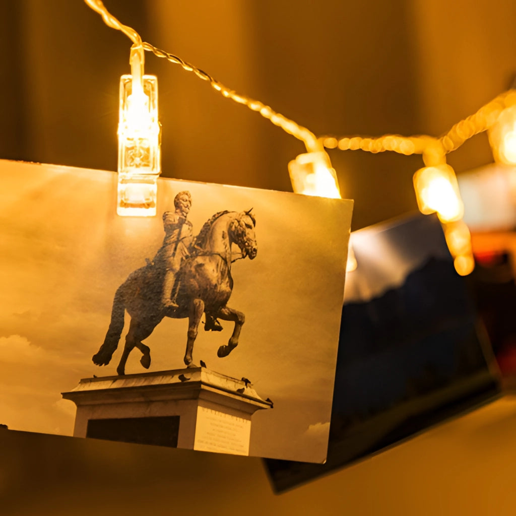 LED Fairy Light Clip String Lights in warm white and multi-color, draped over a horse sculpture.
