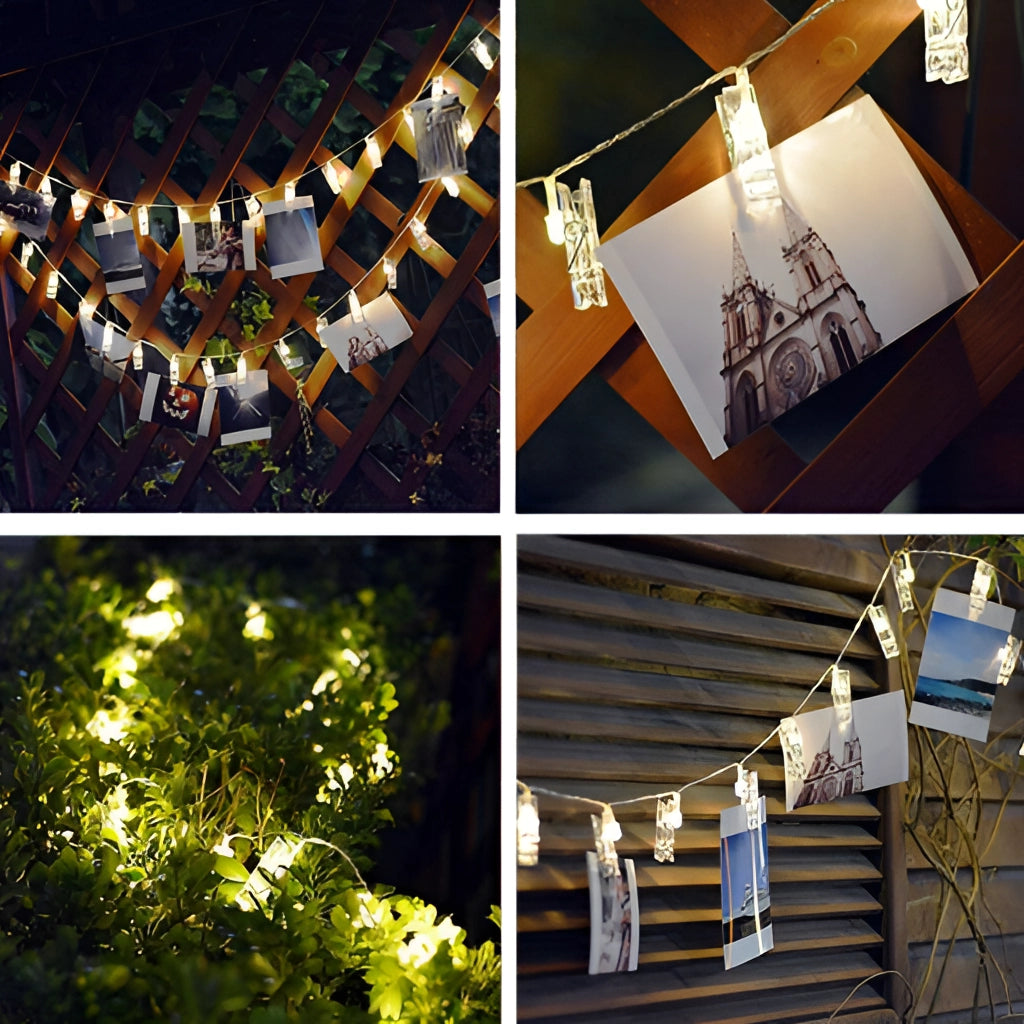LED Fairy Light Clip String Lights in Warm White/Multi Color hanging decoratively, providing a cozy and festive ambiance.