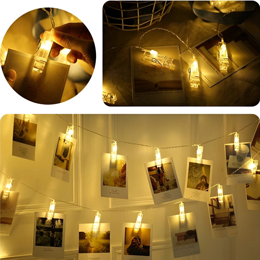 LED Fairy Light Clip String Lights illuminating in warm white, showcasing a cozy and inviting atmosphere with small LED bulbs evenly spaced along a string.