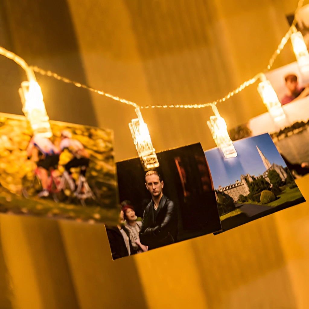 LED fairy light clip string lights in warm white/multi-color, illuminated, creating a fun and entertaining ambiance with a cozy glow.