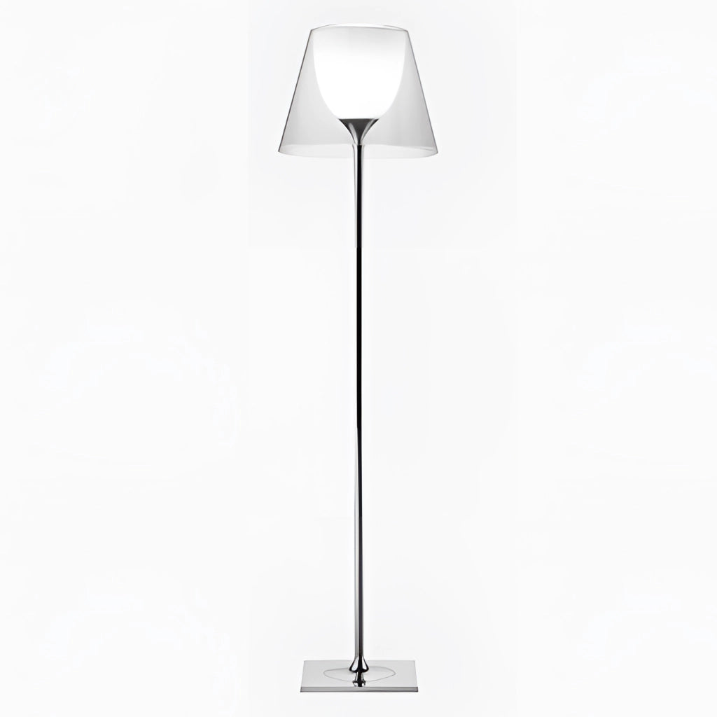 LED floor lamp with a clear downward shade, featuring a rectangular metal and aluminum stand for focused illumination.