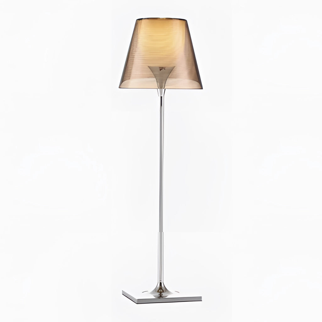 Amber LED Floor Lamp with downward shade, featuring a rectangular wooden base and a transparent lampshade for focused illumination.