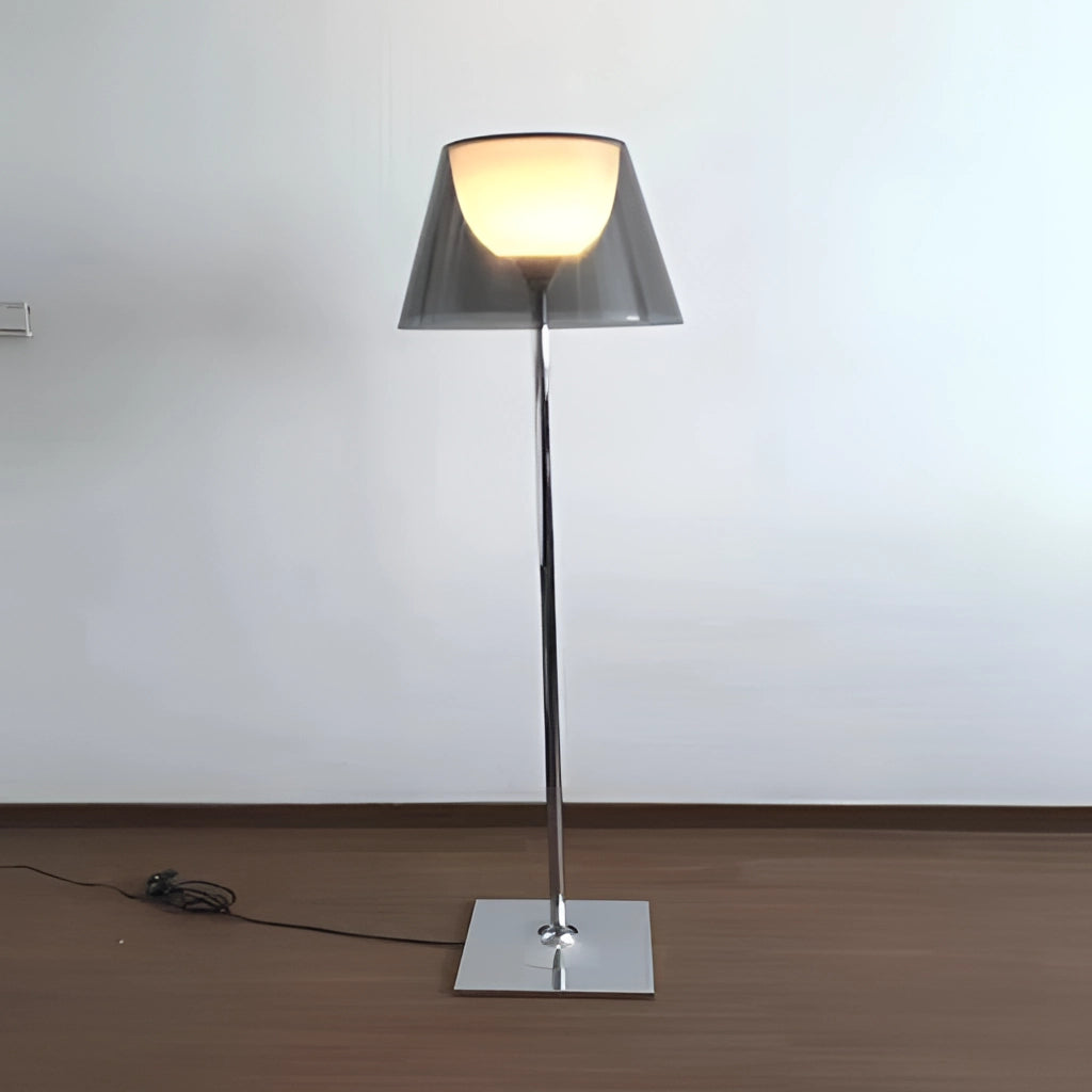 LED Floor Lamp with Amber, Clear, and Gray Tints, Featuring a Downward Shade, Wooden Base, and Metal Frame for Focused Interior Illumination.