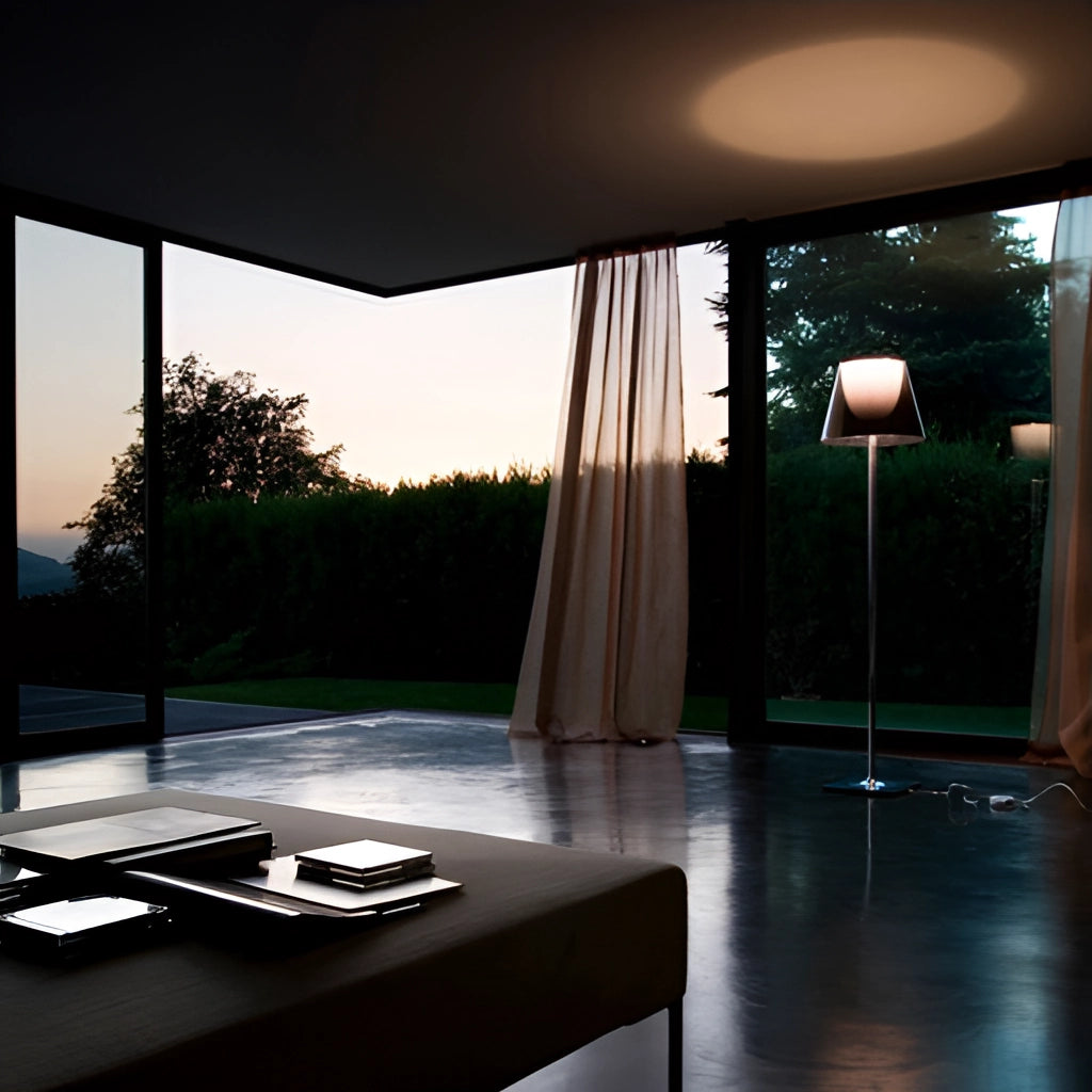 LED Floor Lamp with Amber, Clear, and Gray Downward Shade in a Room with Plants and Modern Interior Design