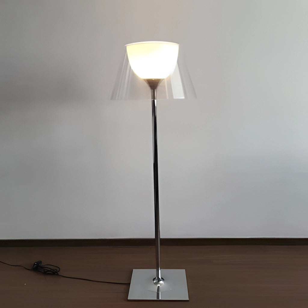 LED floor lamp with amber, clear, and gray downward shade, standing on a wooden base, designed for focused illumination in an interior setting.