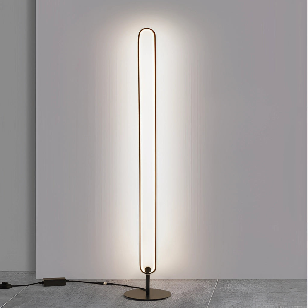 LED floor lamp with stylish design featuring RGB multicolor and warm white lighting, standing on a sleek rectangular base made of wood and metal.