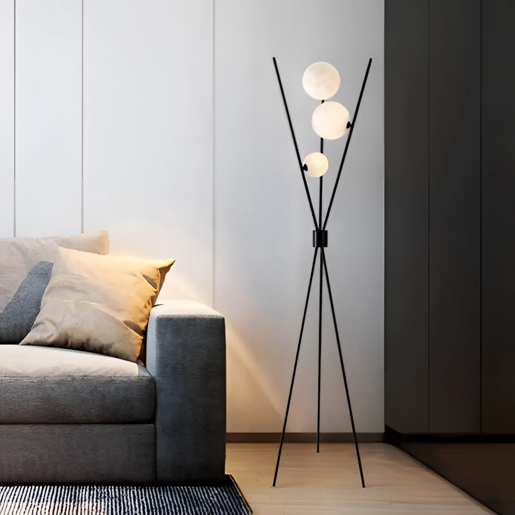 Modern LED Moonlamp on Wooden Table in Stylish Living Room with Comfortable Furniture and Elegant Interior Design.
