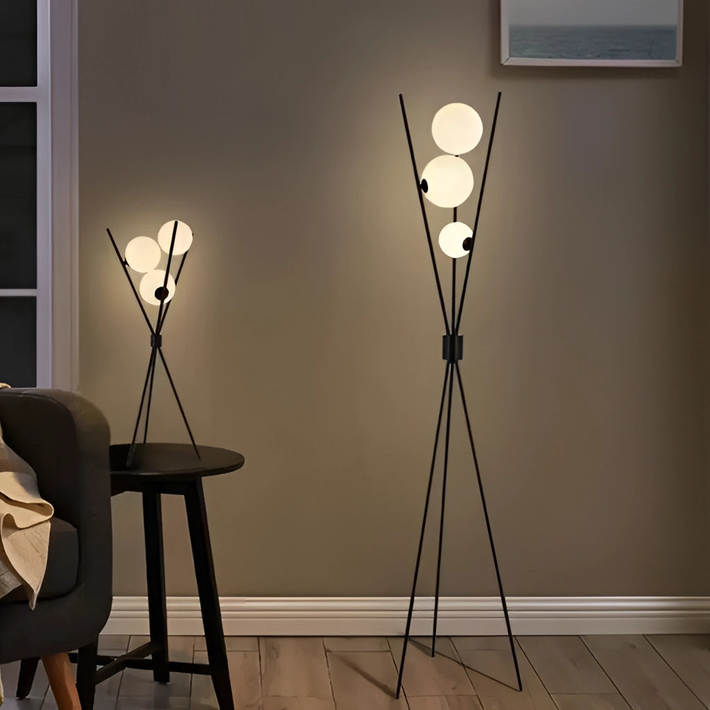 Modern living room with LED moonlamp on wooden table, showcasing stylish interior design and contemporary lighting.