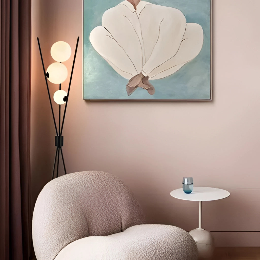 Modern LED moonlamp illuminating a stylish living room with wooden furniture, white textiles, and cozy interior design elements.