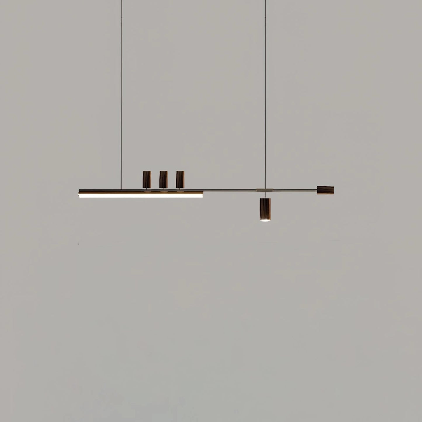 Nordic-inspired LED pendant light with a sleek matte black finish, adjustable wire, and cool light option, featuring a minimalist rectangular design suspended parallel to a wooden ceiling.