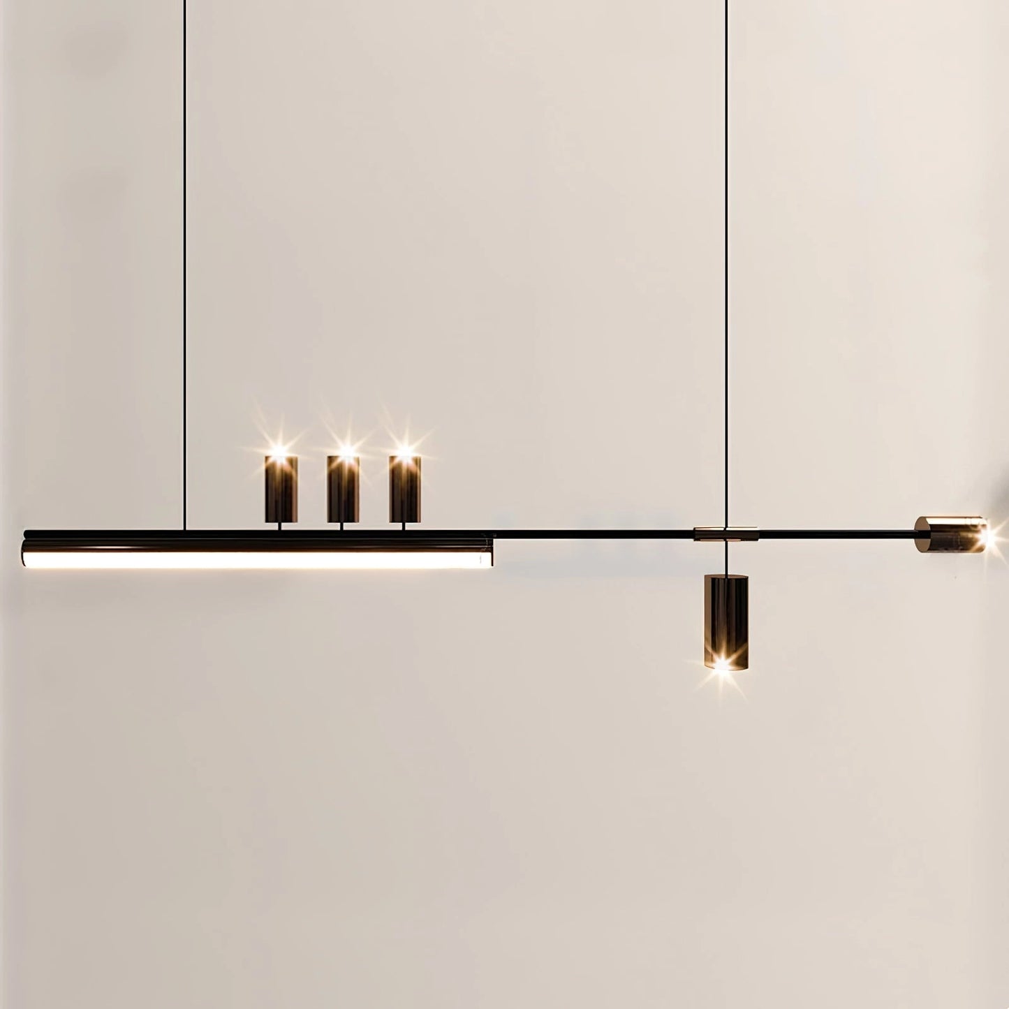 Nordic-inspired LED pendant light with a sleek rectangular design, adjustable wire, and options for warm and cool light, hanging from the ceiling.