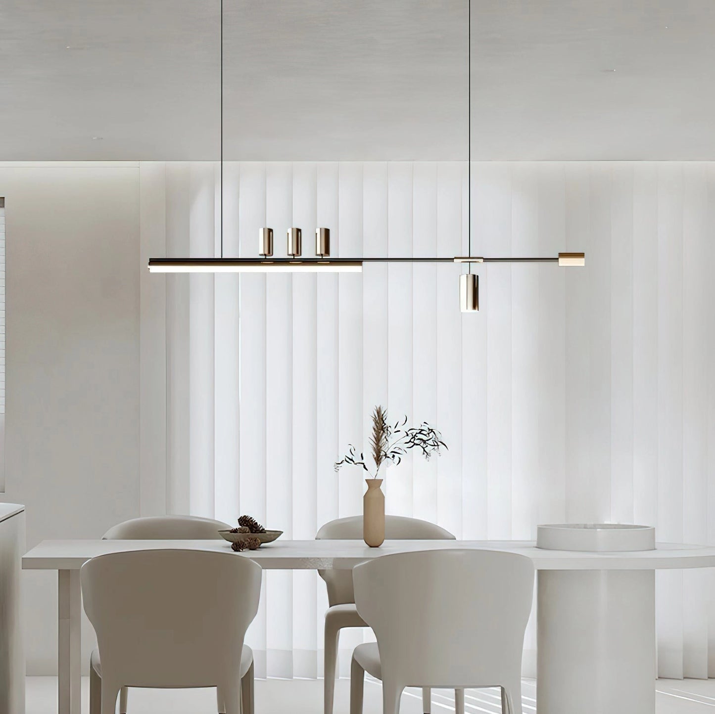 Nordic-inspired LED pendant light with a sleek design, featuring adjustable wire and options for warm and cool light, hanging above a modern wooden table with chairs in a stylishly furnished interior.