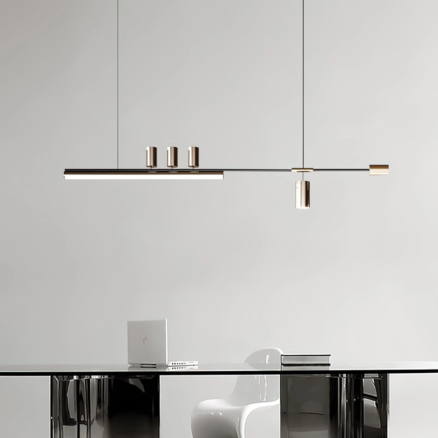 Nordic-inspired LED pendant light with sleek design, adjustable wire, and options for warm and cool light, hanging above a modern table and shelving unit in a minimalist room.