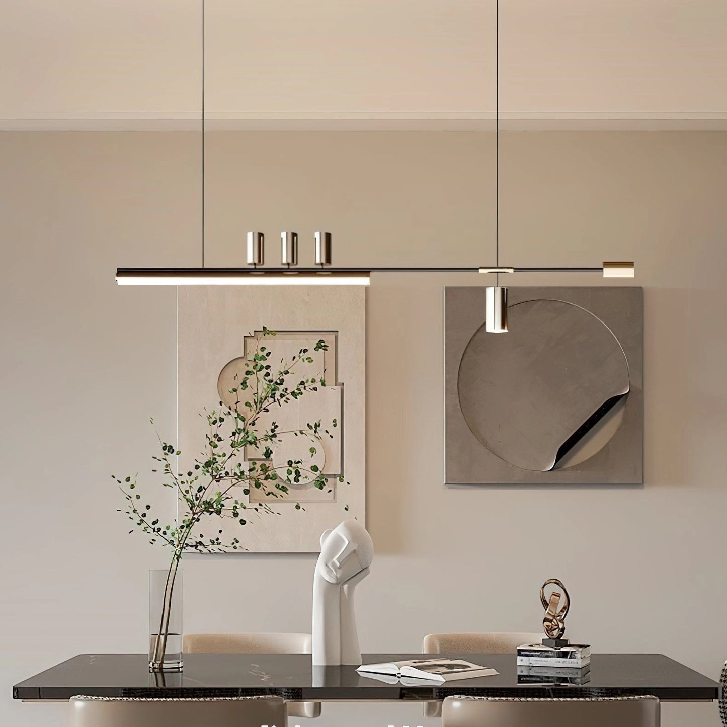 LED pendant light with a Nordic-inspired sleek design hanging above a dining table with dishware, set in a modern interior with wood flooring and surrounding plants.