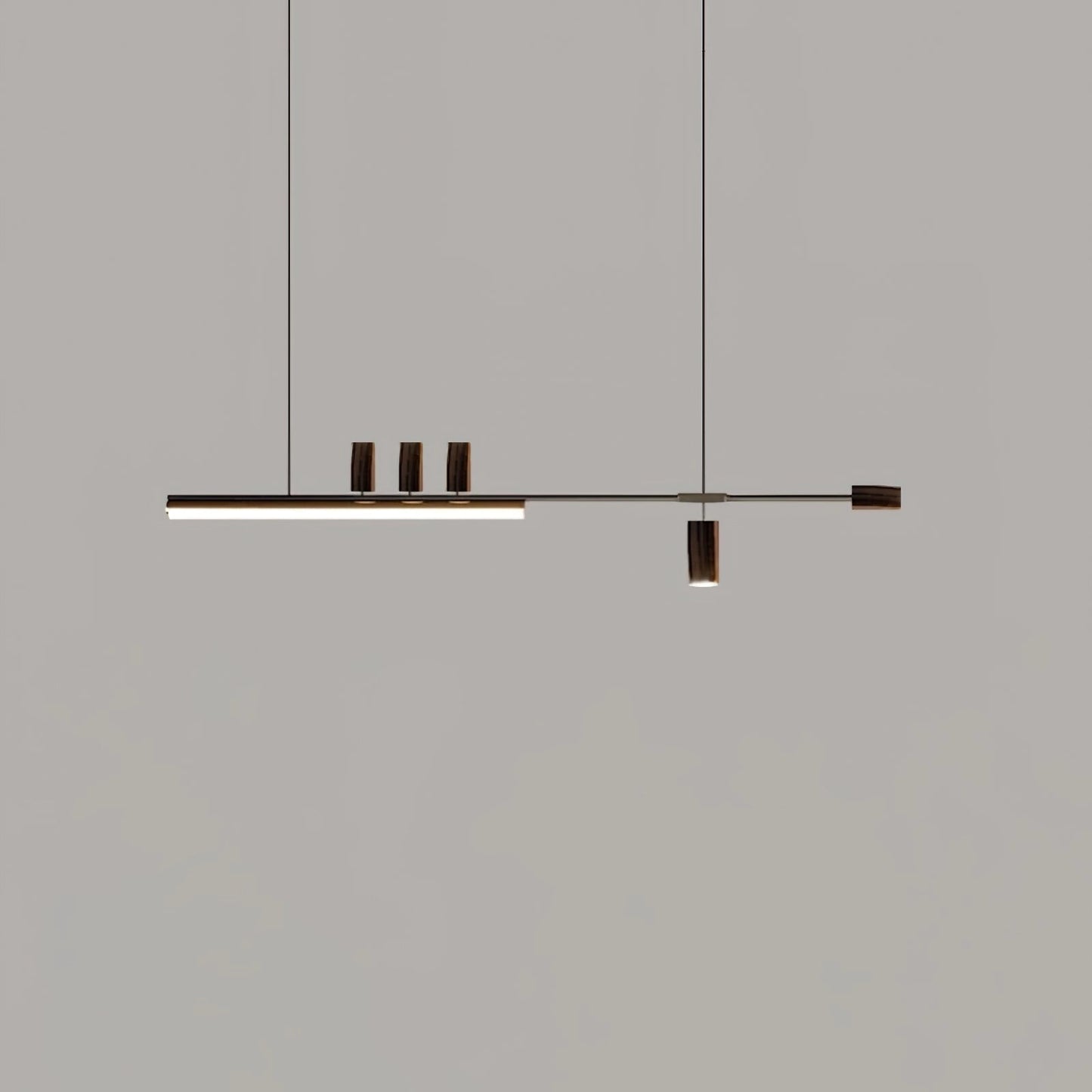 Nordic-inspired LED pendant light with sleek rectangular design and adjustable wire, featuring both warm and cool light options, and wooden accents.