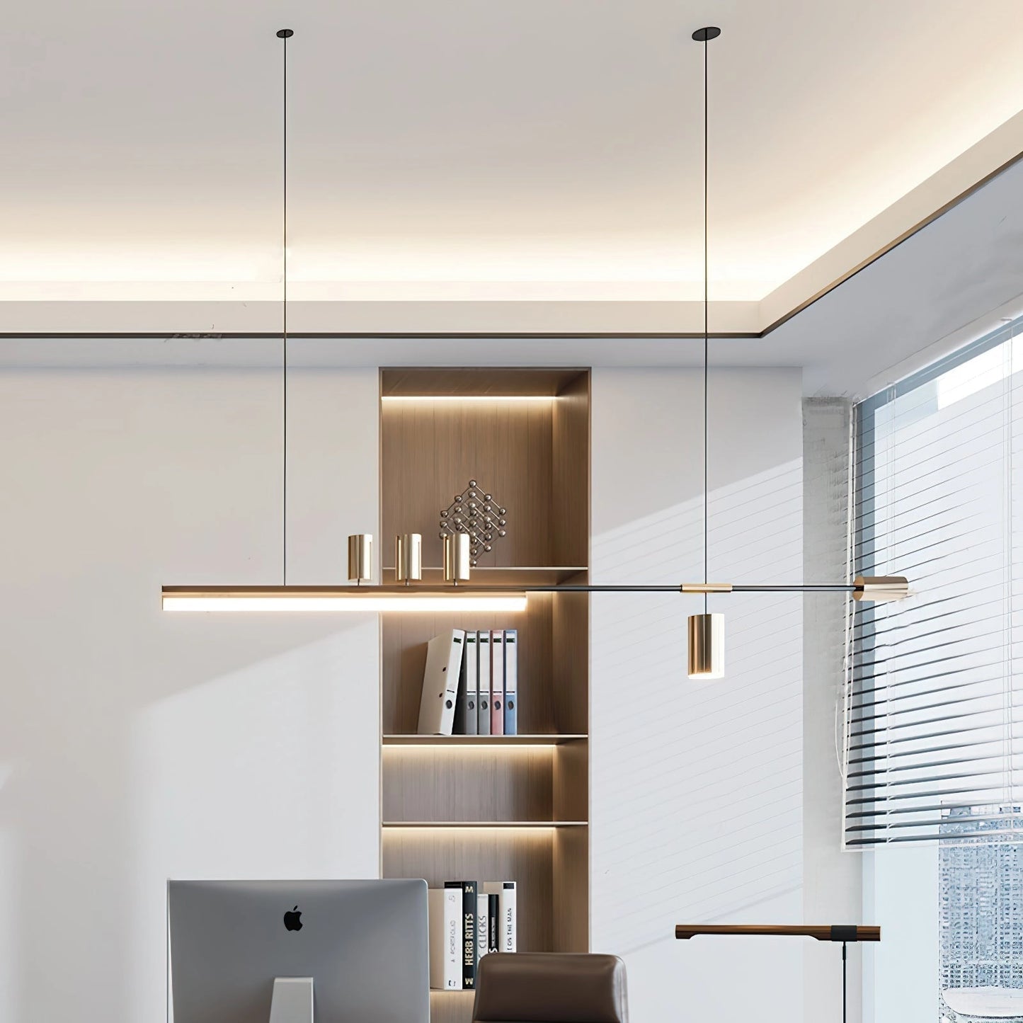 Nordic-inspired LED pendant light with adjustable wire, emitting both warm and cool light, hanging above modern wooden furniture and cabinetry in a stylish interior design setting.