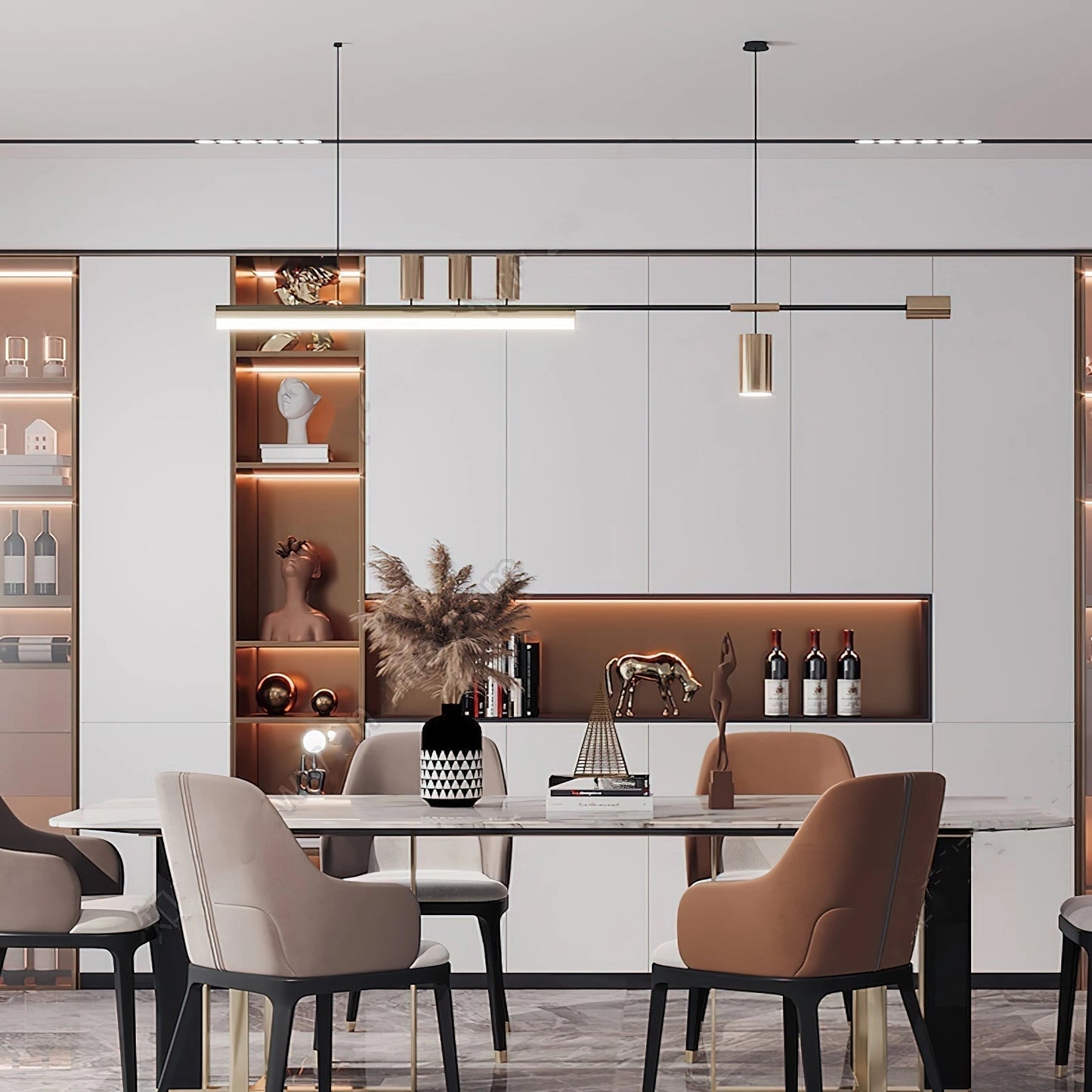 Nordic-inspired LED pendant light with adjustable wire hanging above a sleek, modern table, surrounded by a bookcase, houseplants, and minimalistic furniture in a contemporary room setting.