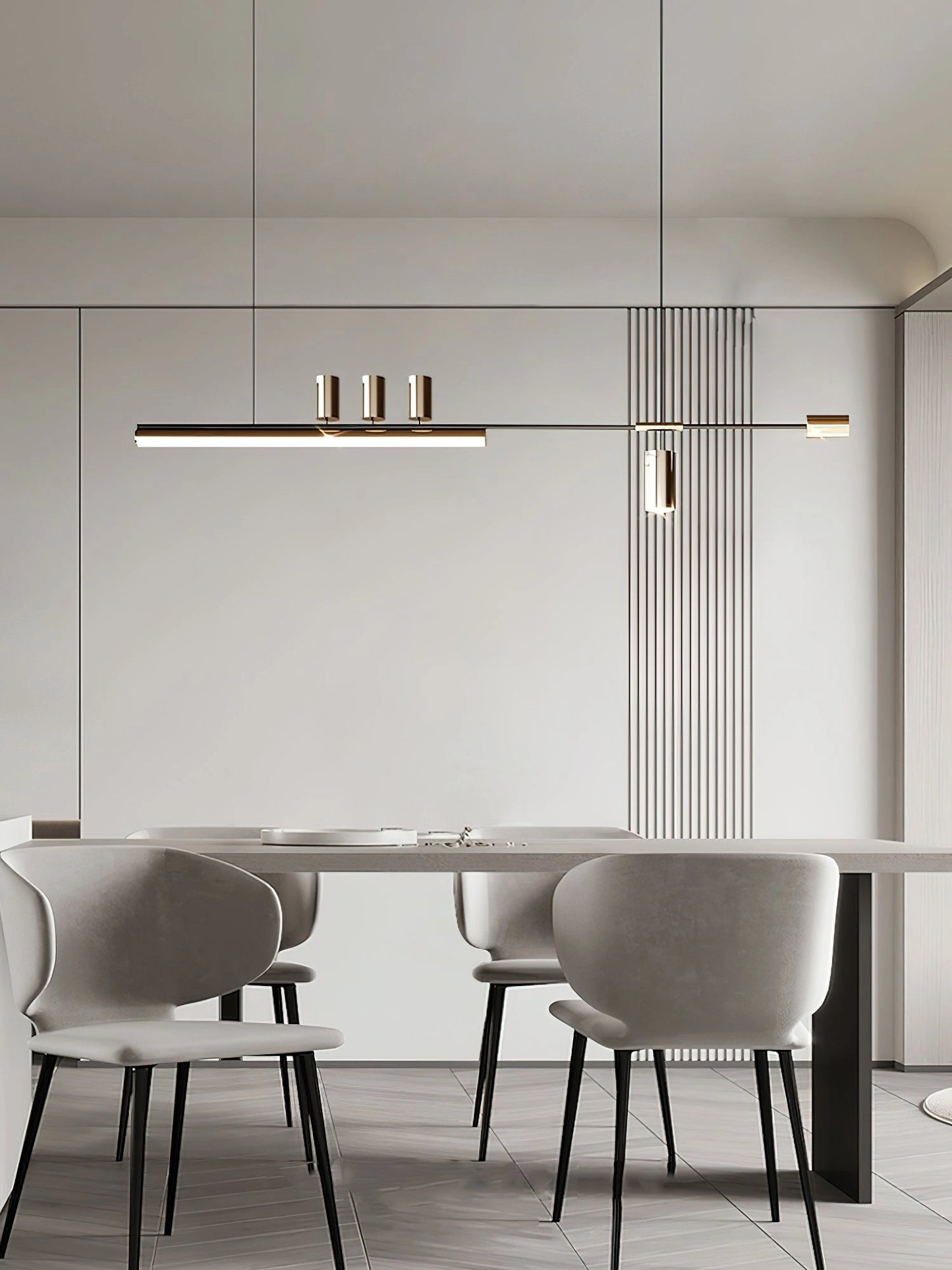 LED pendant light with a Nordic-inspired sleek design, adjustable wire, and warm and cool light options, hanging in a modern interior setting with furniture, including a table, chairs, and cabinetry.