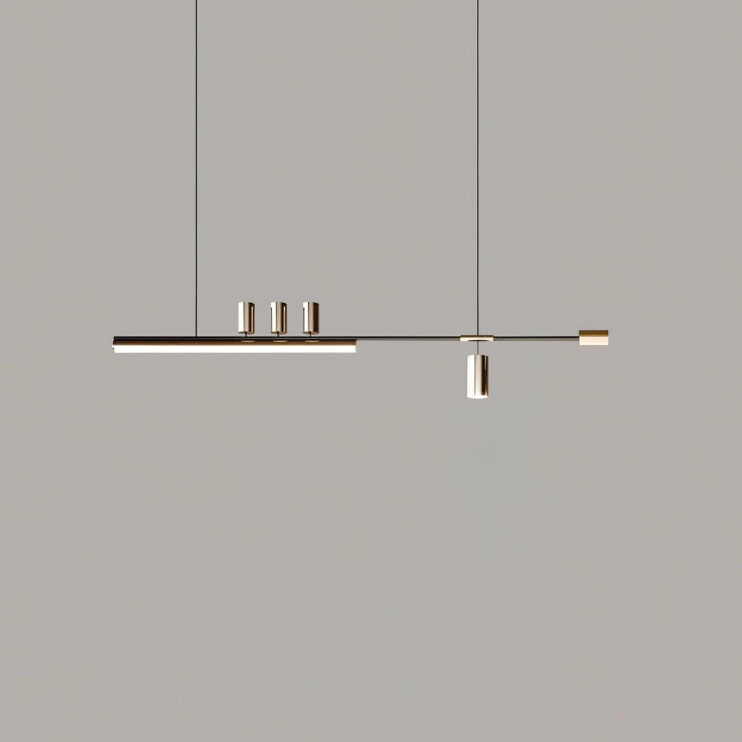 Nordic-inspired LED pendant light with a sleek design, adjustable wire, gold and black color, warm light setting, and dimensions of ∅ 59.1″ x H 59.1″ (∅ 150cm x H 150cm), hanging above a wooden door with a handle.