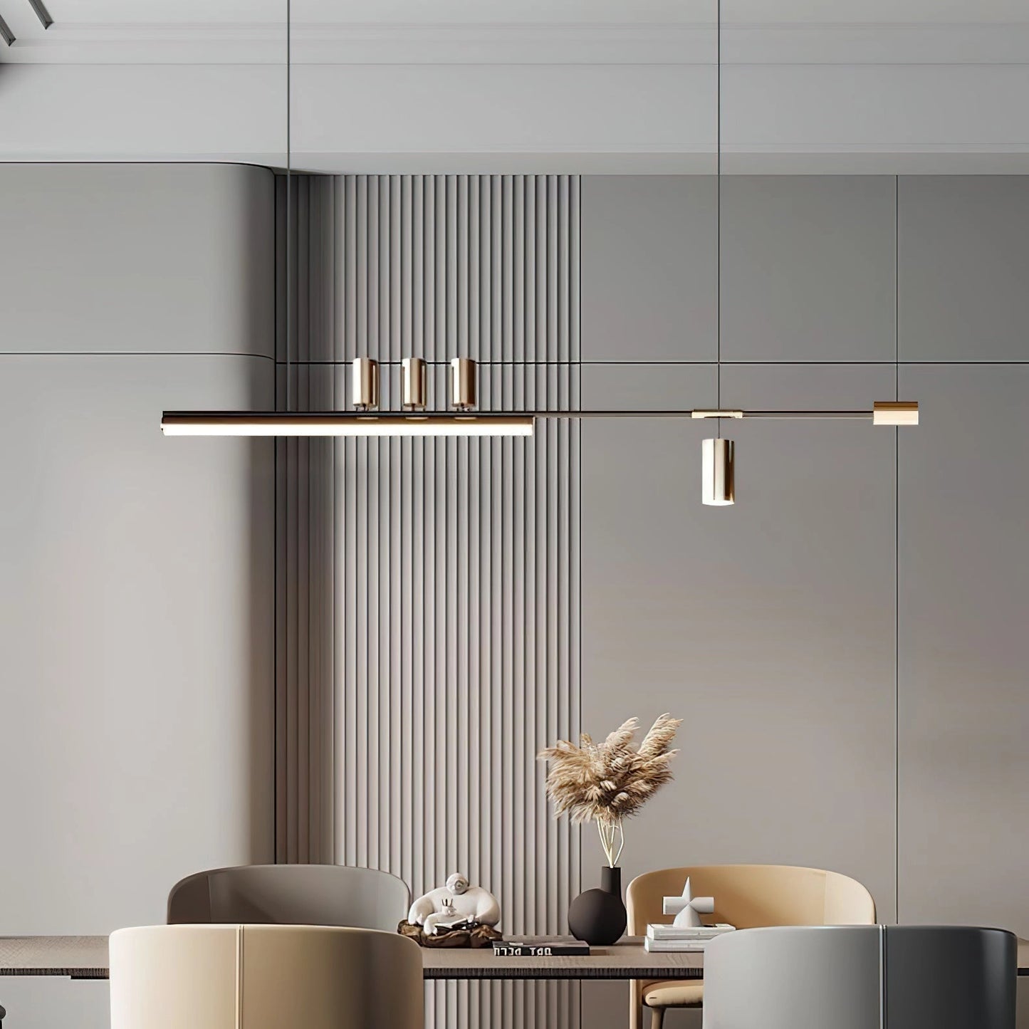 Nordic-inspired LED pendant light with a sleek design featuring adjustable wire, casting warm and cool light options, suspended above a modern grey rectangular cabinet in a minimalist interior setting.