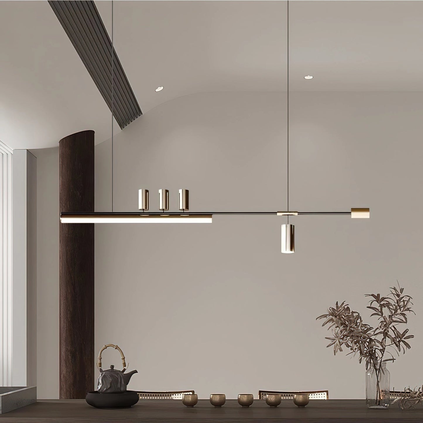 Nordic-inspired LED pendant light with sleek design, adjustable wire, and warm & cool light options, hanging above a wooden table with houseplants and flowerpots in a modern interior setting.