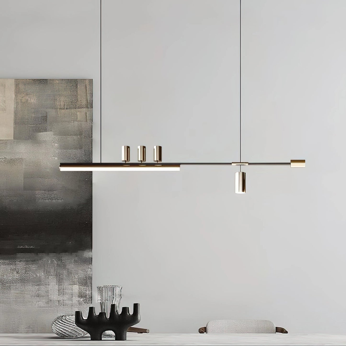Nordic-inspired LED pendant light with a sleek design, hanging from an adjustable wire, illuminating a modern room with warm and cool light options, featuring wooden and metal accents.