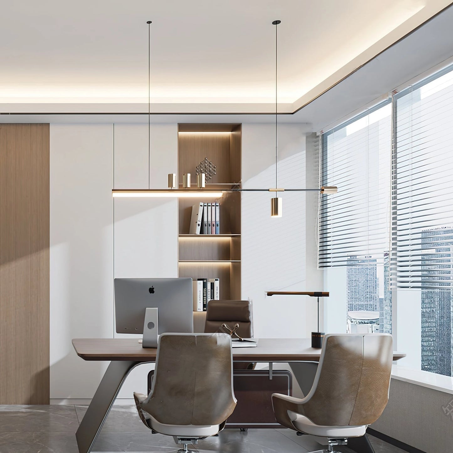 Nordic-inspired LED pendant light with adjustable wire, illuminating a modern living room with warm and cool light options, featuring wooden furniture and stylish interior design.