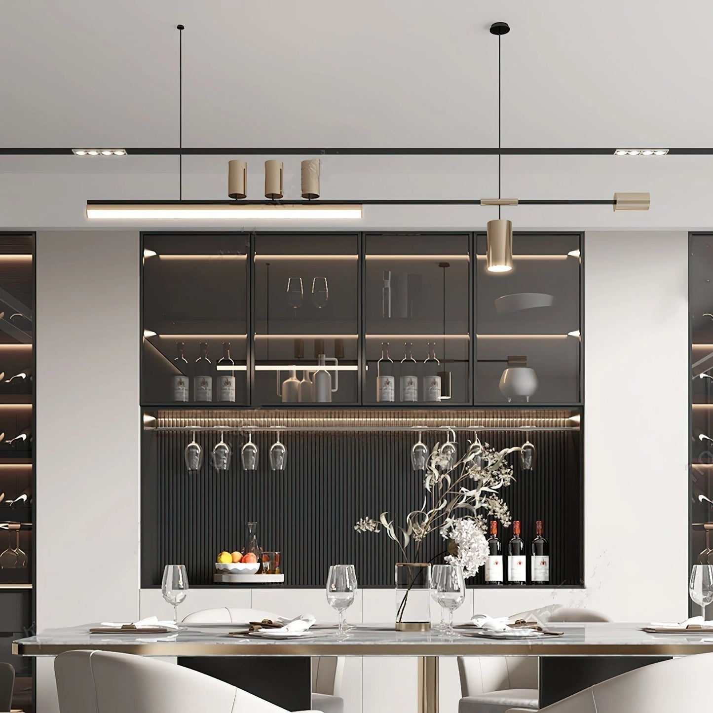 LED pendant light with a Nordic-inspired sleek design hanging in a modern kitchen, featuring cabinetry, countertops, and shelving. The light has adjustable wire and offers warm and cool light options.